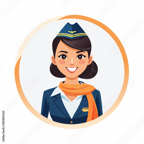 Cheerful female flight attendant posing in a stylized circle, professional air hostess, bright studio background.