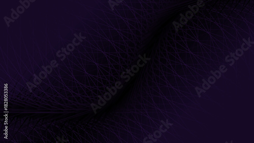 A dynamic and moody abstract dark purple background.The image features a dense concentration of fine, overlapping, and intersecting wavy lines creating a complex pattern.