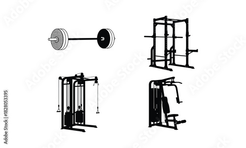 Collection of gym equipment silhouettes including barbell weight machine and rack isolated on white background