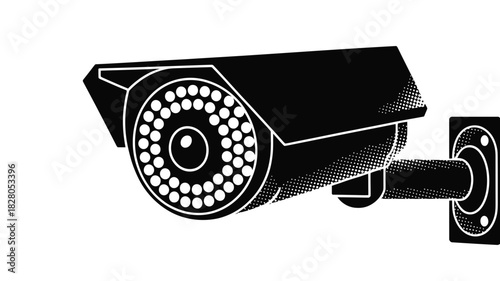 A black and white illustration of a security camera mounted on a wall.