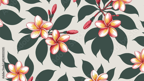 Seamless pattern of blooming plumeria flowers and green leaves on a light background.