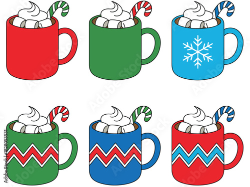 Six mugs of hot chocolate topped with marshmallows and candy canes.