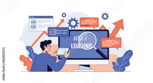 Developer analyzing website loading speed and performance with a magnifying glass on a computer screen for optimization.