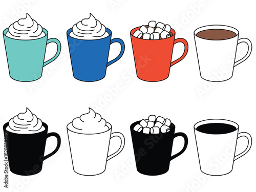 Eight different mugs filled with hot beverages such as coffee, hot chocolate, and tea are displayed.