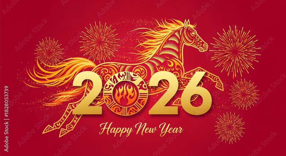 Fototapeta premium Gold ornamental horse and 2026 numbers with fireworks on a red backdrop, symbolizing a Chinese New Year celebration and festive occasion