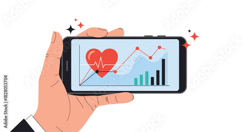 Hand holding a smartphone displaying a health or fitness app with a heart rate monitor and performance analytics charts.