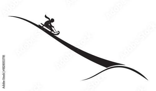 Black silhouette of person sledding down hill on white background — ideal for winter sports, fun and design content.