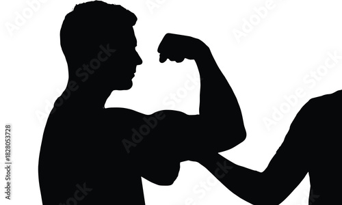 Silhouette of a man flexing his bicep muscle isolated on white background