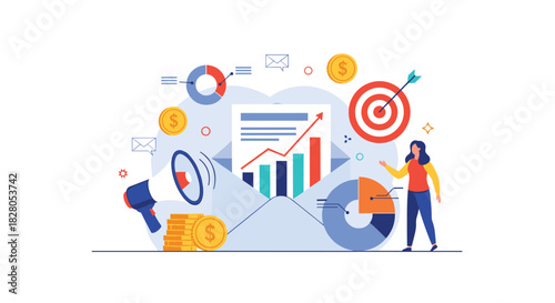 Digital marketing strategy concept with a woman analyzing data charts a target a megaphone and financial growth elements.