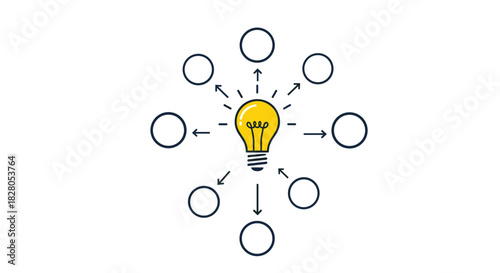 Idea generation and distribution concept showing a central lightbulb sending ideas out to multiple empty circles.