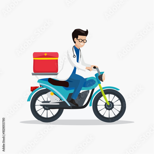 Male Doctor Wearing Glasses Riding Blue Motorcycle for Medical Delivery with First Aid Box on Isolated White Background