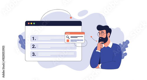 Man thinking about search engine ranking and SERP results shown as a numbered list on a website browser interface.