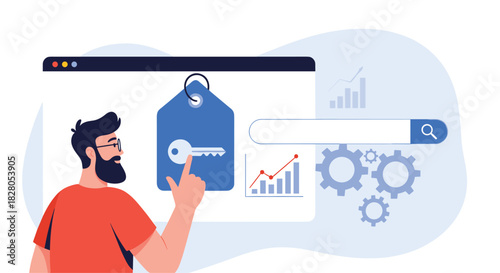 Man using a large key tag icon on a website for keyword research and SEO analysis with a search bar and data charts.