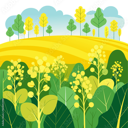 Discover a picturesque landscape featuring a vibrant yellow field, lush green foliage, and cheerful trees, embodying the essence of a serene countryside escape and natural beauty