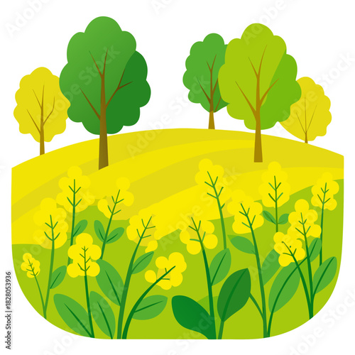 Vibrant canola field with trees offers a serene countryside escape, perfect for spring themes, nature projects, or adding a touch of beauty to any design, originally a scalable graphic