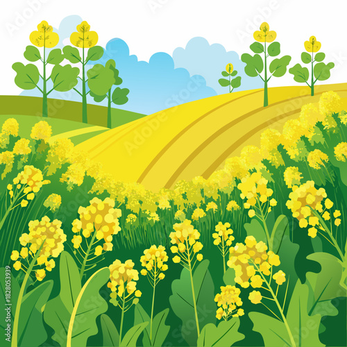 Vibrant canola fields under a sunny sky, a cheerful spring landscape with rolling hills and trees, bright yellow blossoms creating a peaceful and inviting scene, originally a scalable vector graphic