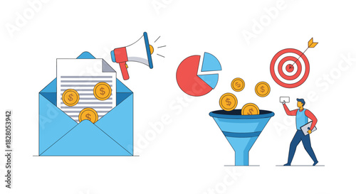 Sales funnel and email marketing conversion concept showing an email with money leading to a funnel that generates more income.