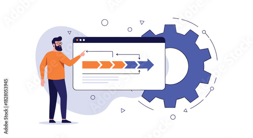 Business process and workflow optimization concept with a man pointing to a flowchart of sequential steps on a screen.
