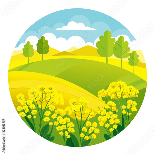 Vibrant canola field illustration with rolling hills and summer sky, a peaceful rural scene evoking joy, perfect for nature-themed designs and promoting eco-friendly initiatives