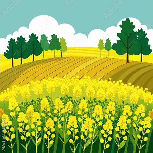 Vibrant rapeseed field with rolling hills and fluffy clouds, a charming countryside illustration perfect for springtime projects and nature-themed designs, originally a scalable vector graphic