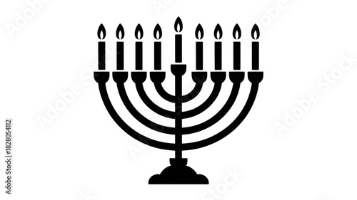 A lit menorah with nine candles stands on a white background.