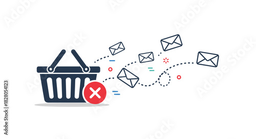 Abandoned cart email marketing automation concept with emails flying out from a canceled shopping basket to recover sales.