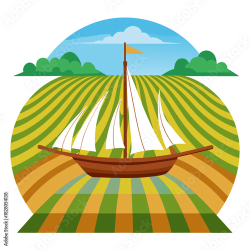 Charming sailboat amidst golden fields, a whimsical journey through rural landscapes, bringing a touch of nautical elegance to pastoral scenes, perfect for branding and design