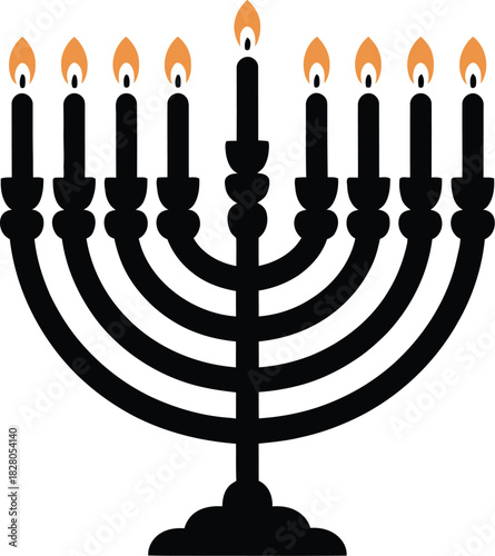 A black menorah with nine lit candles on a white background.