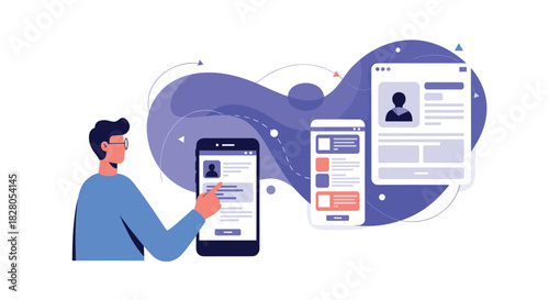 Man creating a responsive user profile page that adapts from a smartphone screen to a larger website browser layout.