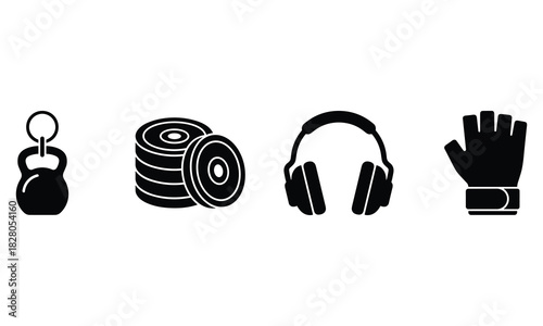Collection of fitness equipment icons including kettlebell weights headphones and glove isolated on white background