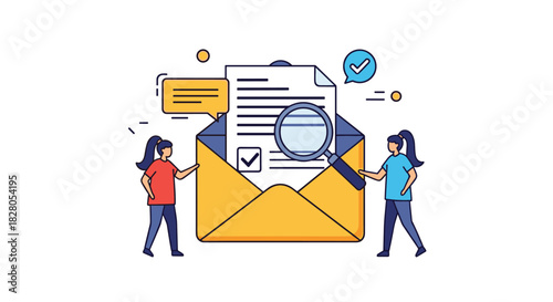 Email survey and feedback collection concept with two women inspecting a checklist document inside a large open envelope.