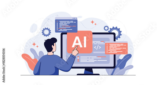 Software developer interacting with an artificial intelligence interface on a computer for coding and application development.