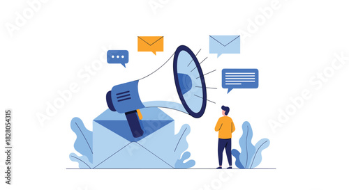 Email marketing campaign announcement with a man standing near a large envelope with a megaphone and message icons.