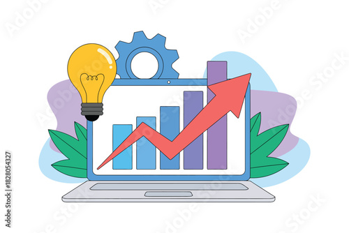 Laptop displaying a bar graph with an upward arrow next to a light bulb and gear