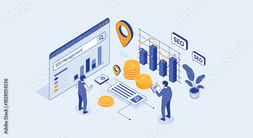 Isometric SEO management and financial analytics concept with people analyzing data charts on a website and tracking revenue.