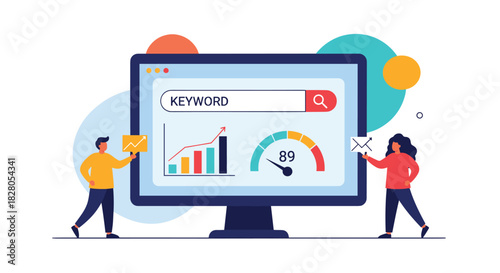 People analyzing keyword performance on a computer dashboard with a search bar a growth chart and a speed score.