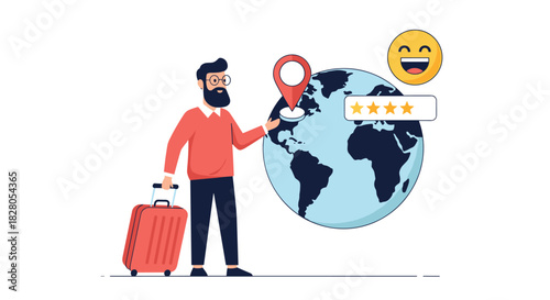 Happy bearded traveler with luggage gives a positive five-star review for a global travel destination marked on a world map.