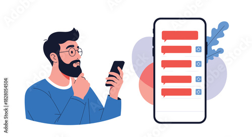 Pensive man with a beard and glasses reviews a conversation in a chat application on his mobile phone for communication.
