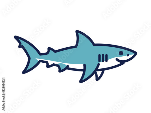 A cute cartoon shark swims against a white background.