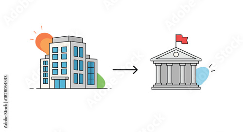 Business relocation concept showing a modern office building moving towards a classic government or institutional building.