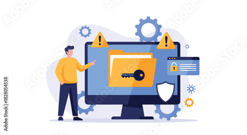 Cybersecurity expert points to data encryption and file protection measures on a computer screen to prevent security breaches.