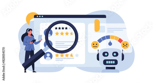Support agent uses a chatbot and magnifying glass to analyze customer feedback and online reviews for service improvement.