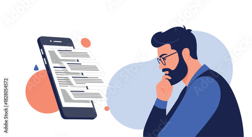 Thoughtful man reads through multiple text message bubbles flying out of a smartphone screen trying to understand the context.