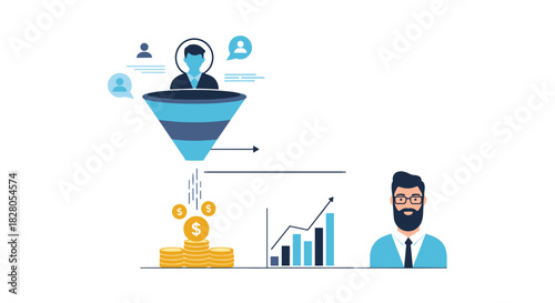 Sales funnel diagram shows how marketing attracts customer leads and converts them into revenue for business growth and profit.