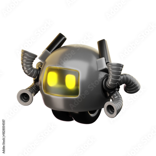 Whimsical 3D Rendered Robotic Companion Illustration with Glowing Yellow Eyes and Flexible Tubing, Representing Innovative Future Technology and Artificial Intelligence Design