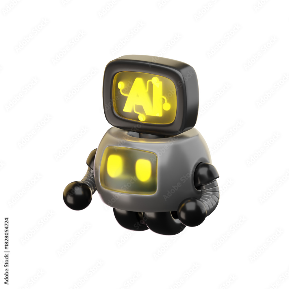 Fototapeta premium Friendly 3D robot character with a glowing AI logo on its screen, a futuristic artificial intelligence chatbot mascot illustration