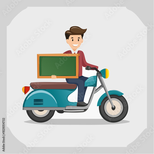 A smiling man on a scooter holds a blank green chalkboard.