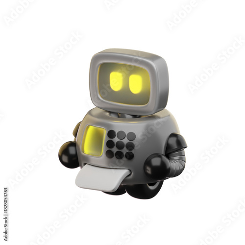 3D illustration of a small, retro-style robot with glowing yellow eyes and a keypad, on a white background