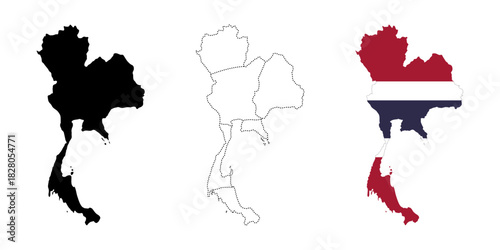 Thailand map flag. Country shape with national flag and administrative border vector illustration. Asian nation location symbol. Travel and geography sign. Political map pictogram.
