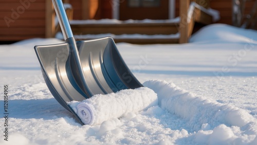 Close-up of a snow shovel pushing a dense row of fresh snow, clearing a path in a snow-covered yard. Bright sunlight highlights the snow texture and residential snow removal activity